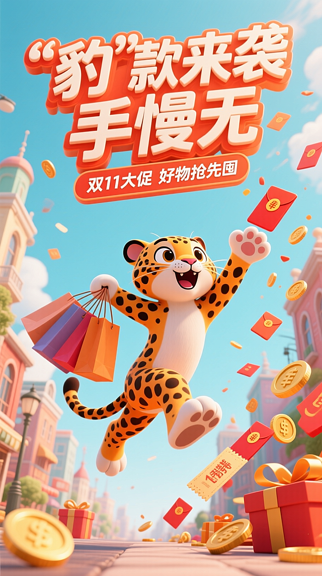 软3D风格拟人豹子跃动购物，波普色彩碰撞，塑料质感红包金币飞舞，喜庆卡通感十足，双11促销氛围拉满。