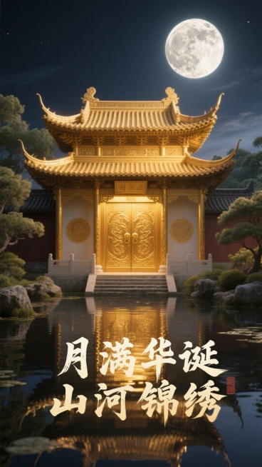 在静谧的中式园林场景中，一轮皎洁的明月高悬夜空，洒下银白的光辉。一座传统中国宫殿大门矗立眼前，整体呈现金色，拥有多层结构与弯曲的飞檐，飞檐上的瓦片纹理清晰，边缘微微上翘，尽显古韵。大门表面覆盖着闪闪发预览效果