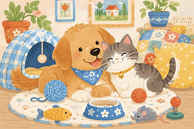 卡通插画，风格参考参考图，家里猫咪和狗狗和谐相处，画面生动活泼，旁边摆放着玩具、猫碗和猫窝，色彩柔和温馨，不添加任何文字
