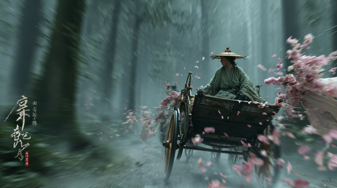 Authentic Chinese fantasy blockbuster, an ancient wooden carriage gallops through a misty dense fore预览效果