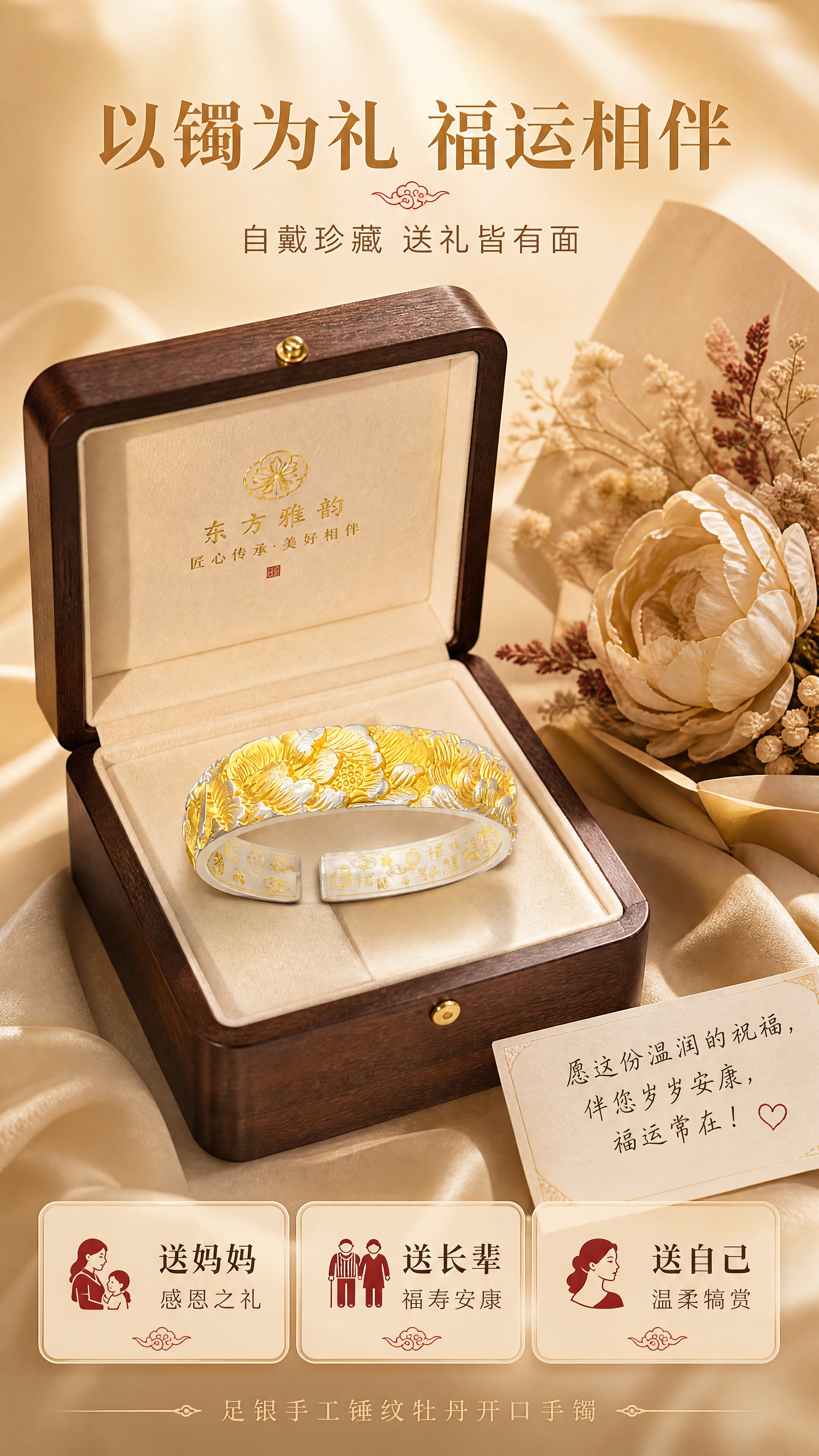 [商品] 使用【图2】足银手工锤纹牡丹开口手镯；保留开口C型结… - 图片创意预览