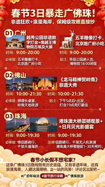 春节3日暴走广佛珠！非遗狂欢+浪漫海岸，这篇保姆级攻略直接抄
一日一亮点行程卡片​
【D1 广州·年味与历史双buff】​
✨核心亮点：越秀公园非遗数字灯会+南越王博物院古埃及大展​
⏰时间：9:00预览效果