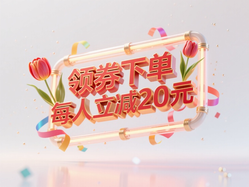 “领券下单每人立减20元"红金色，立体浮空，带有微粒散射光效，白色渐变背景，环绕霓虹灯管式边框，漂浮郁金香和彩带元素，艺术字设计，字体设计，预览效果