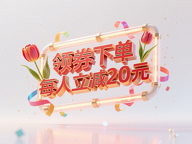 “领券下单每人立减20元"红金色，立体浮空，带有微粒散射光效，白色渐变背景，环绕霓虹灯管式边框，漂浮郁金香和彩带元素
