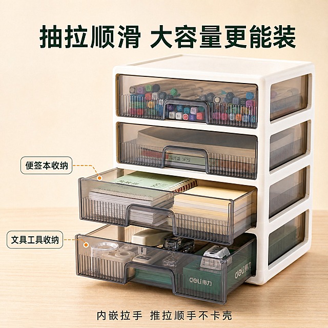 [主图-2] 容量满载与抽拉顺滑展示，突出抽屉拉开状态下的大容量和内嵌拉手顺滑抽拉细节。
[统一基调] 整体风格干净明亮，暖白色调家居质感，背景主色为浅米白+原木色，标题字色为深墨绿，辅助字色为深灰色，强调色为暖橙色，字体为现代无衬线粗体，字号层级分明，卡片为圆角浅灰底，整体传递专业品质收纳感。
[画面] 米白色五层抽屉式收纳柜侧面微侧视角，重点展示中间两层抽屉处于拉开状态，清晰展示抽屉内部大容量空间和抽拉结构。上面拉开的抽屉里整齐叠放着便签本和笔记本，下面拉开的抽屉里放着订书机、胶带等文具。抽屉为高透明茶灰色PET材质，正面两侧有竖纹加强筋，内嵌式一体化拉手设计清晰可见。未拉开的抽屉中也能看到内部收纳的马克笔等文具。产品放置在浅原木色桌面上，背景为纯净浅米色渐变，主体占画面约75%，居中偏左。抽屉拉开角度自然，体现顺滑抽拉感。
[光影质感] 柔和均匀的棚拍光，正面略偏上主光，抽屉内部物品清晰可见，高透明抽屉有通透质感，拉开的抽屉有自然的深度阴影，体现层次感，竖纹加强筋有细腻光影，商业产品摄影质感。
[配色] 主色米白+浅米背景，深墨绿标题字，深灰说明字，暖橙分类标签色，抽屉内彩色文具作为点缀。
[文字版式] 顶部居中放置主标题"抽拉顺滑 大容量更能装"，粗体大号深墨绿色；拉开的抽屉旁用细线引出圆角小标签，分别标注"便签本收纳""文具工具收纳"，标签为浅灰底深绿字；底部放一行小字"内嵌拉手 推拉顺手不卡壳"，深灰色中号字。
[输出要求] 1:1正方形比例，2K高清，文字清晰，产品外观与输入图一致，抽屉拉开状态自然真实，内部物品整齐不杂乱，保留竖纹加强筋和内嵌拉手细节。负向：变形、错字、模糊、抽屉穿模、物品杂乱、水印、平台Logo、拉手样式错误。