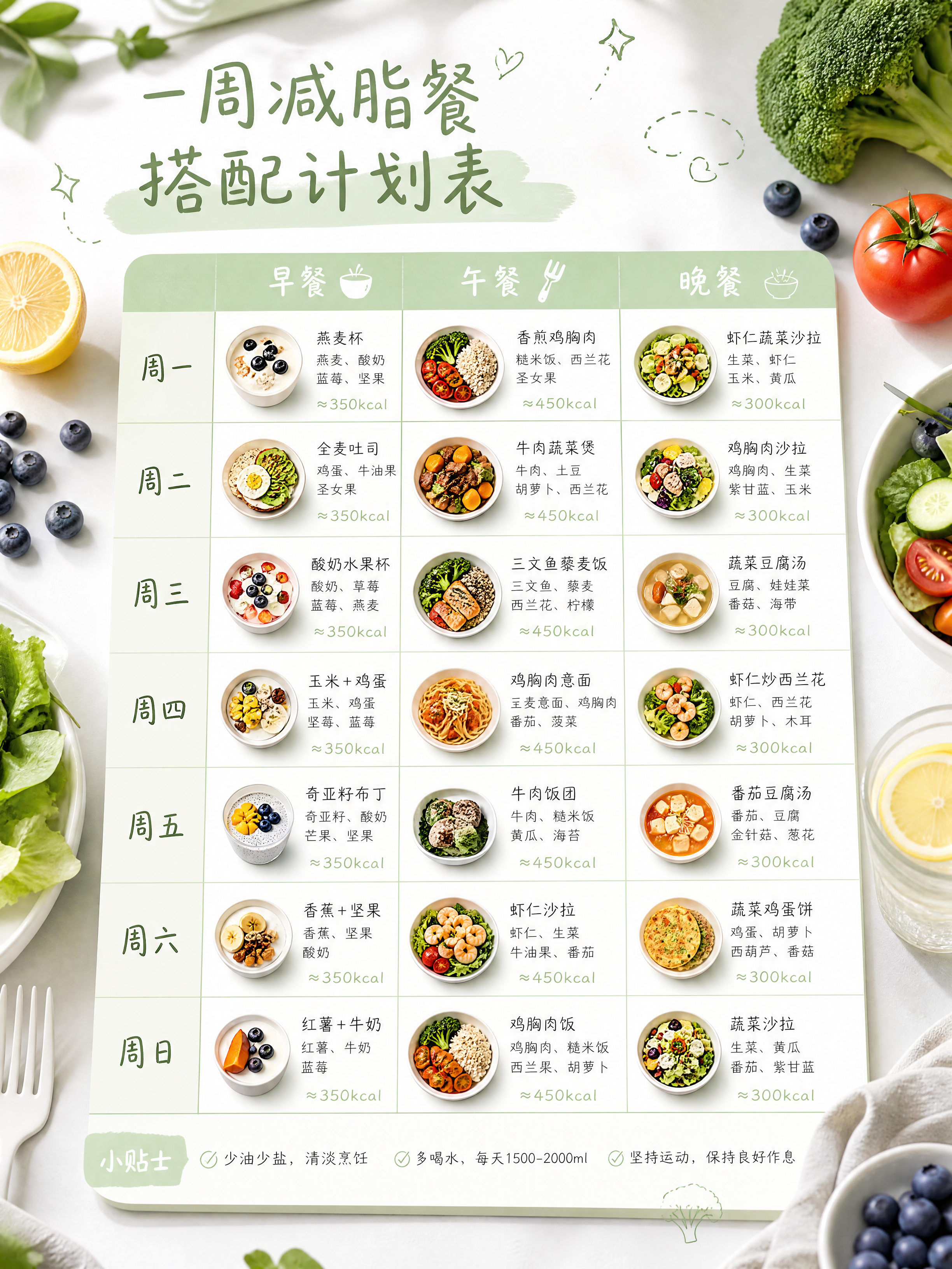 小红书配图，清新绿色调，一周减脂餐搭配计划表，7天表格形式，周… - 图片创意预览