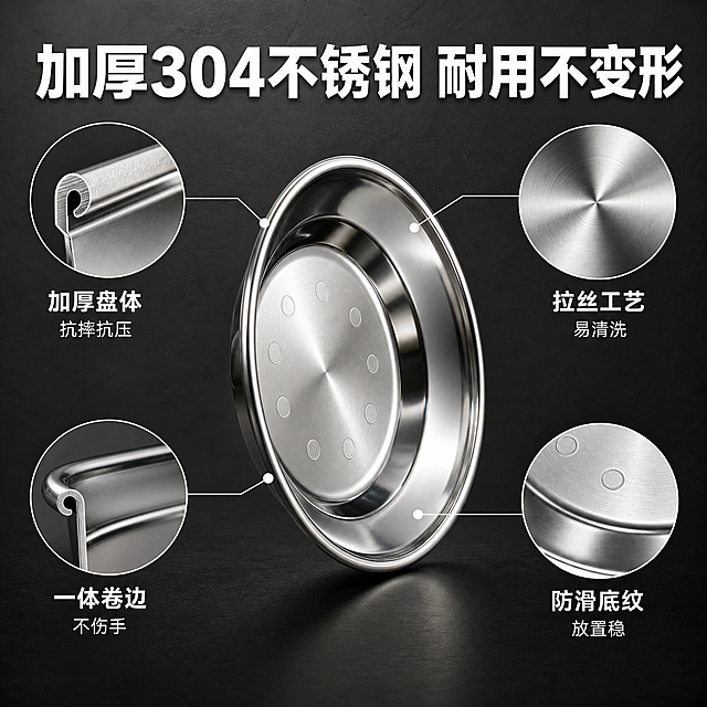 [主图-3] 材质细节 304不锈钢加厚品质展示。
[统一基调] 国内电商1:1方图 深色高级厨房背景 商业摄影质感 主标题白色粗黑体 辅助文案浅灰色 强调色金属银 整体高端洁净感。
[画面] 画面中央为不锈钢盘侧视角度 重点展示盘边厚度和盘底结构；左侧放大盘边横截面微距 展示加厚钢板厚度和圆润卷边工艺；右侧放大盘底同心圆拉丝纹理特写 底部有防滑圆点；周围用细线引出4个标注点分别指向：加厚盘边 一体卷边 拉丝盘面 防滑底纹。
[光影质感] 侧光突出厚度和立体感 微距部分纹理清晰可见 金属反光层次丰富 底部有柔和阴影。
[配色] 背景深灰#333333 主体银色金属 标注线白色 标注文字浅灰。
[文字版式] 顶部大标题「加厚304不锈钢 耐用不变形」 白色粗黑体；4个引线标注分别写「加厚盘体 抗摔抗压」「一体卷边 不伤手」「拉丝工艺 易清洗」「防滑底纹 放置稳」；文字分布在画面四周 不遮挡主体。
[输出要求] 1:1比例 2048x2048 材质纹理清晰 标注准确；负向：变形 错字 模糊 杂乱 水印 材质失真。