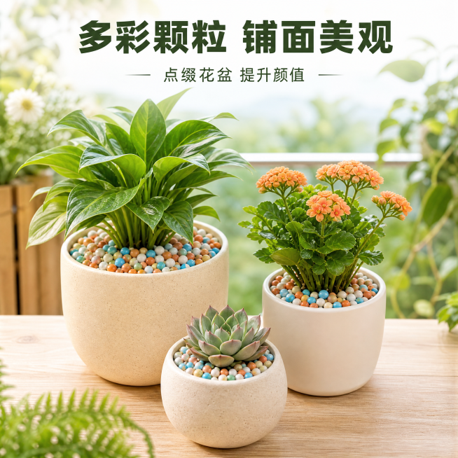 [主图-3] 颜值装饰卖点展示图。
[氛围风格] 清新自然园艺美感
[画质] 商业摄影质感，光线柔和自然，色彩真实清新，画面干净高级
[元素] 展示不同盆栽铺面使用后的效果，彩色颗粒点缀花盆表面，提升预览效果