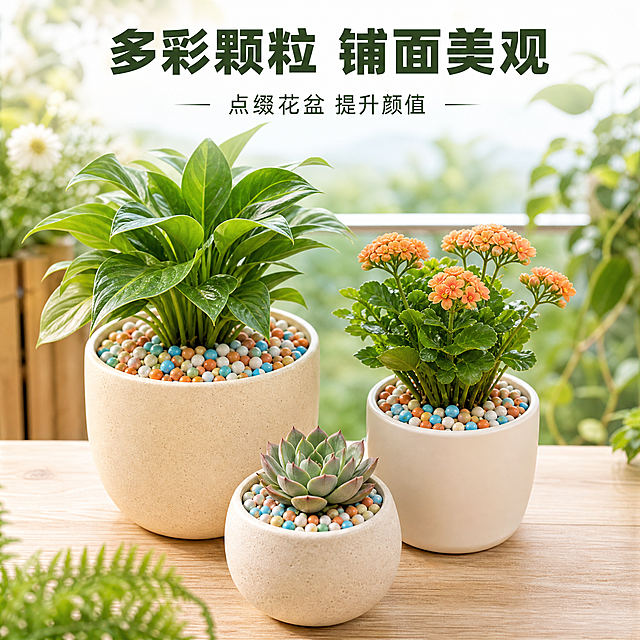 [主图-3] 颜值装饰卖点展示图。
[氛围风格] 清新自然园艺美感
[画质] 商业摄影质感，光线柔和自然，色彩真实清新，画面干净高级
[元素] 展示不同盆栽铺面使用后的效果，彩色颗粒点缀花盆表面，提升盆栽整体颜值。原图彩色陶粒保持颜色、大小和质感与输入产品一致，不修改产品本身。展示三款不同大小的盆栽，陶粒铺面均匀美观。主体产品清晰，场景丰富自然，商品占比适中，画面满屏无边框。
[光影] 阳台自然光，柔和明亮，色彩清新通透，突出多彩颗粒的点缀效果。
[配色] 浅米色原木背景，绿色植物搭配彩色陶粒，色彩和谐自然。
[视角构图] 平视角度，三款盆栽错落排列，构图饱满，视觉层次分明。
[文字版式] 顶部标题："多彩颗粒 铺面美观"，深绿色粗体居中，下方小字："点缀花盆 提升颜值"；文字不遮挡盆栽主体，清晰美观。
[比例分辨率] 1:1 比例，2k 分辨率，文字清晰锐利，画面超高清。
[负向提示词] 变形，水印，文字错乱，产品模糊，背景杂乱，色彩违和