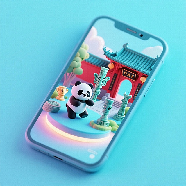 一个手机创意微缩场景，手机平放，侧面对着观众，手机俯视角度，立体的成都景观从屏幕内出来，有熊猫，三星堆，武侯祠，整体色调立体魔幻。青色背景。具有梦幻感,打光营造出柔和氛围强调梦幻和未来感的美学。