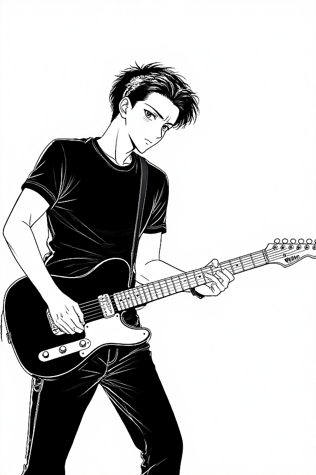 酷炫动漫风，黑白漫画手法，少年弹奏电吉他，尽显摇滚魅力。