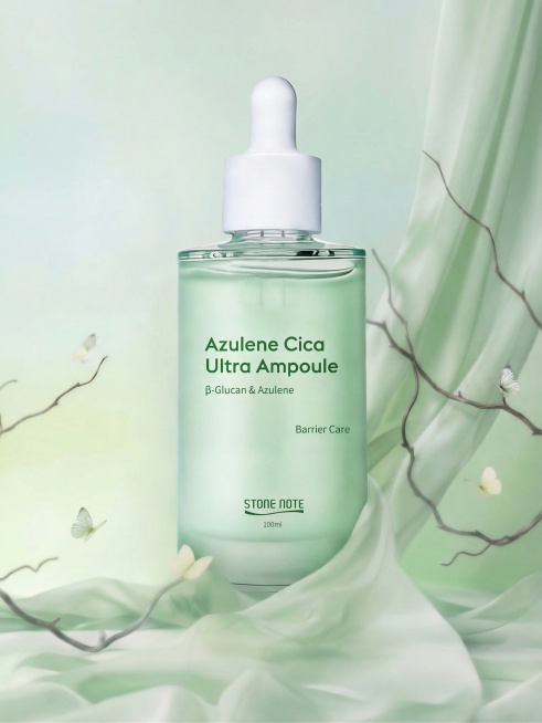 替换图中心原有精华液产品为第二张图中的精华液瓶子，保持原有浅绿色布景、树枝蝴蝶、光影风格和整体构图完全不变，将新产品融合进场景，保持自然光影效果预览效果