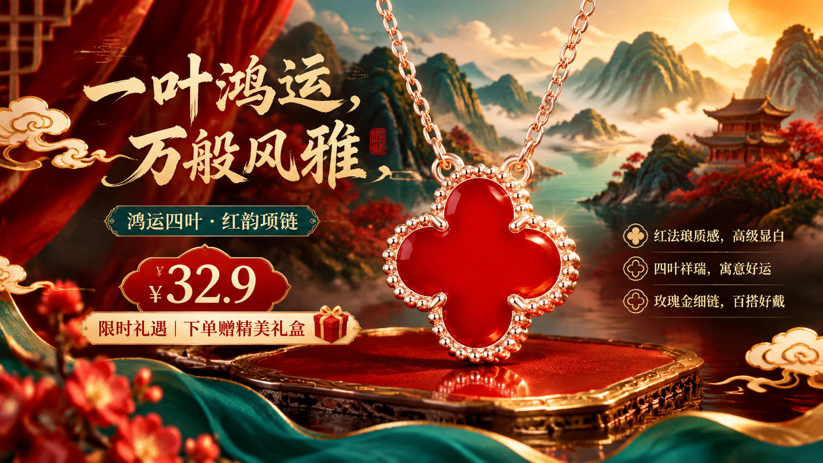 设计一张中国风珠宝海报，尺寸1200x600。画面主体是放大的… - 图片创意预览