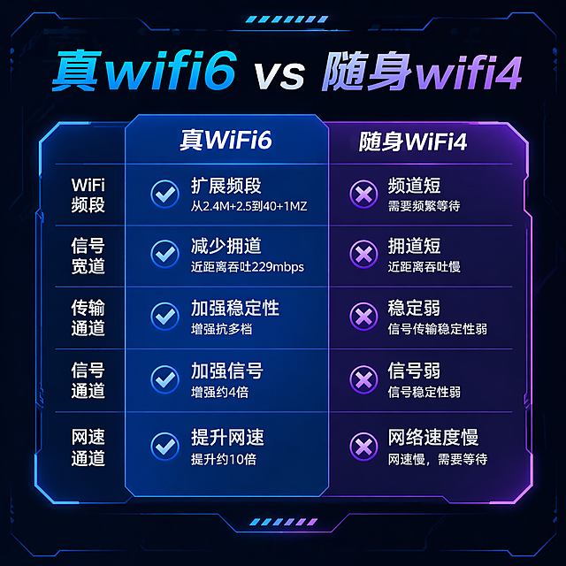 赛博朋克风科技海报，双色设计对比真WiFi6与随身WiFi4，蓝紫霓虹光影交织，粒子流动效果增强未来感，机能风边框凸显酷炫科技氛围。