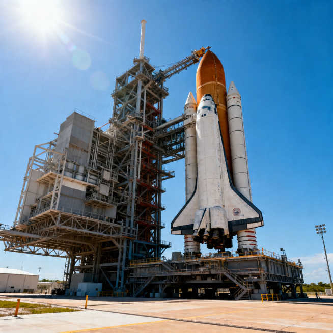 航天基地的场景照片，展现宏伟的发射场，高耸的火箭建筑，晴朗开阔的蓝天，科技感十足的现代化航天设施，写实风格，高清画质预览效果