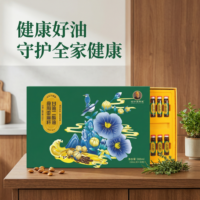 [主图主题] 时珍百草堂亚麻籽甘油二酯油场景体验
[氛围/风格] 温馨家庭厨房场景，自然生活氛围感
[画面元素] 产品礼盒摆放在干净整洁的实木厨房台面，背景为简约的整体橱柜，台面上点缀着新鲜绿植，营造预览效果