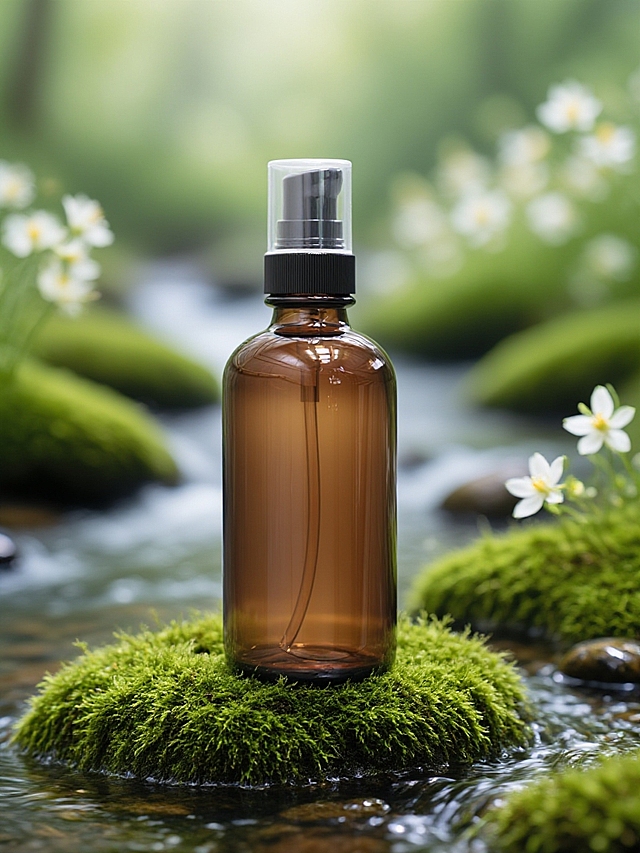 特写主体放置在长有苔藓的石头上，背景是朦胧的绿色调，点缀白色小花和溪水。