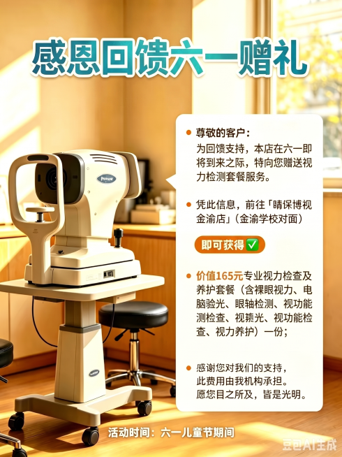 保留原海报整体布局和视力检测仪器背景，大标题保持“感恩回馈六一赠礼”不变，将大标题颜色修改为蓝绿高质感色系；将正文文字修正为：尊敬的客户：为回馈支持，本店在六一即将到来之际，特向您赠送视力检测套餐服务预览效果