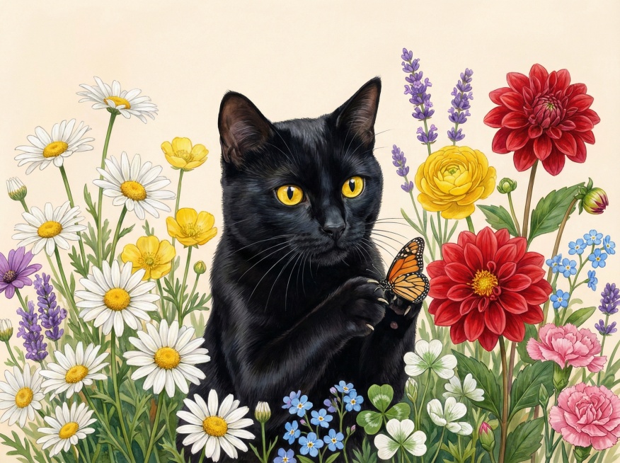 画面中间是一只纯黑色短毛猫，推测为孟买猫或普通中华田园黑猫，毛发油亮有光泽，眼睛是明亮的黄色，猫咪姿态放松地坐在花丛中，在抓一只蝴蝶，猫咪被茂密的野花丛半包围，身体下半部分被花朵遮挡，在花丛中探出头的预览效果