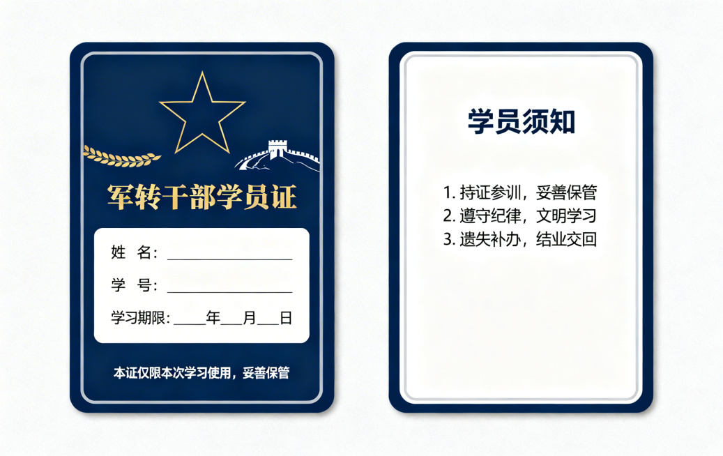 军转干部学员证，标准卡证样式，主色调为藏蓝色#2A4B7D，文字和边框使用金色#D4AF37与纯白色#FFFFFF，边缘有浅灰色细辅助线。正面内容：顶部有极简五角星轮廓、麦穗细边、简约长城线条小面积点预览效果