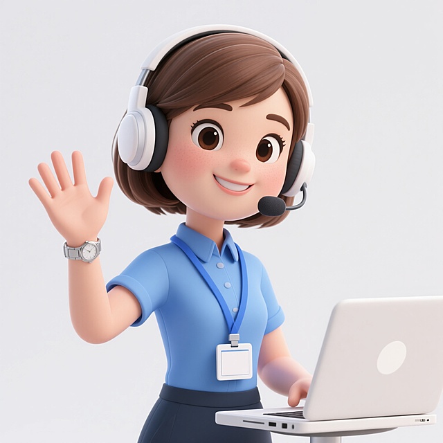 3D卡通风格女性客服形象，中等棕色短发，佩戴白色头戴式耳机和麦克风，身穿蓝色短袖衬衫，胸前挂着蓝色挂绳和白色工牌，左手戴着银色手表并抬起挥手致意，右手正在操作白色笔记本电脑，整体造型圆润可爱，面部表情亲切微笑，眼睛大而有神，色彩明亮清新，光影柔和自然，立体感强，背景为纯白色，突出主体人物，展现专业友好的客服形象。