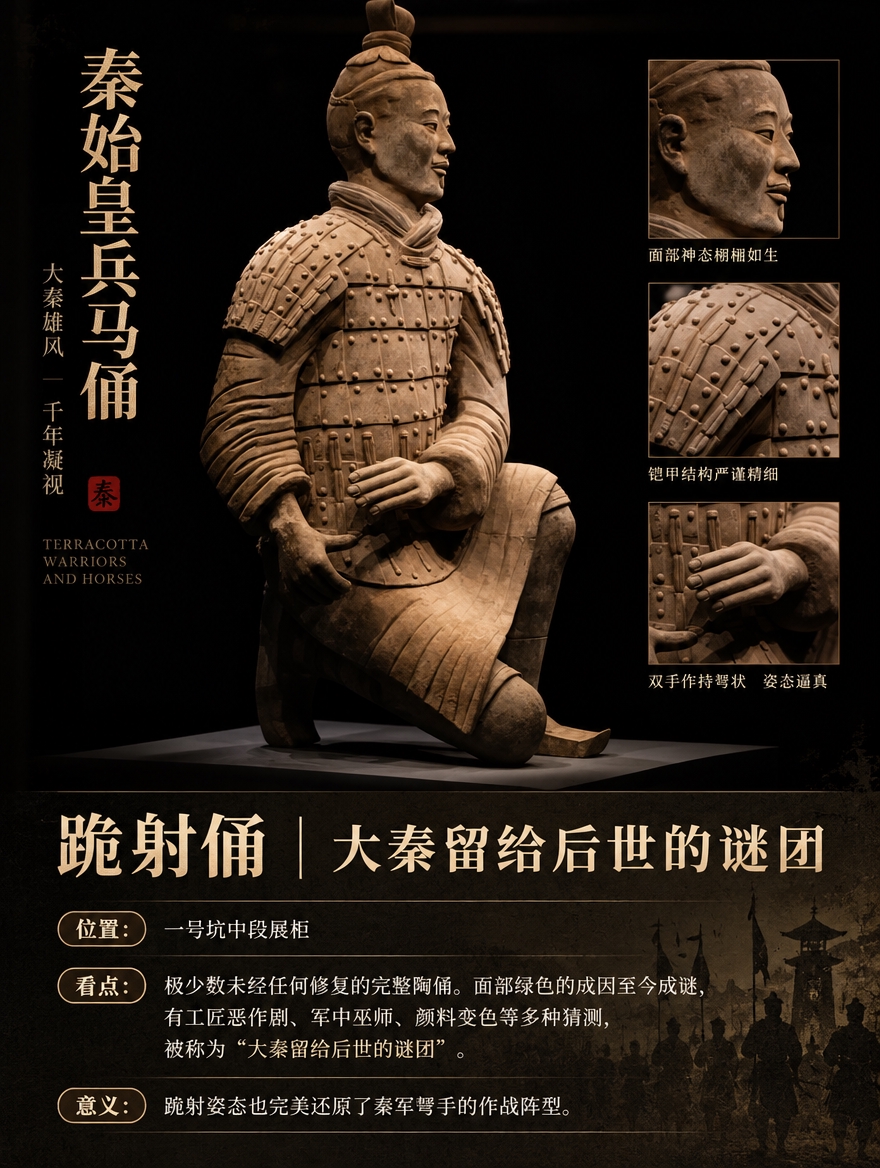 基于这张跪射俑实拍图，制作成3:4竖版文物介绍图，博物馆科普风… - 图片创意预览