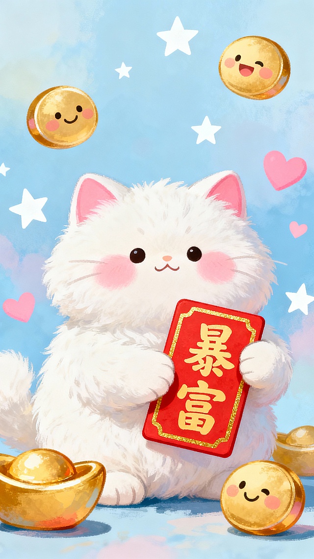 水彩风格插画，拟人化白猫手持“暴富”红包，周围环绕笑脸金币与金元宝，融合可爱、卡通与喜庆元素，营造春节氛围。