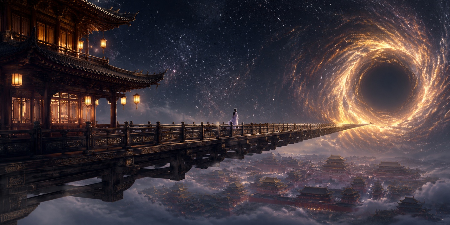 横向纵深广角构图，前景悬空巨型深色中式木质长廊栈道横贯画面，栈… - 图片创意预览