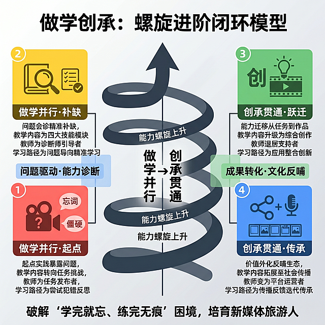 模型图核心框架：“做学创承：螺旋进阶闭环模型”
一、 整体结构（建议采用“螺旋阶梯”或“闭环箭头”布局）
中心轴（竖向）： 标注 “做学并行 → 创承贯通” 的渐进方向，并用从低到高的箭头表示能力螺旋上升
外围（四象限或四圆形）： 按顺时针或从左到右排列 “做→学→创→承” 四个阶段
顶部或底部（总结）： 概括改革维度（教学内容、教学组织、学习路径）如何贯穿全程
二、 详细模块与设计元素
1. 第一阶段：做（【起点】实践暴露问题，建立“问题起点”）

核心活动： 教师不预先讲授，直接布置“完成校园讲解短视频”团队任务；学生在执行中暴露忘词、语速失控、表情僵硬等真实问题。
改革维度表现：
教学内容： 从教材知识转向“任务挑战”，真实问题成为第一手学习素材
教学组织： 教师角色后撤，变成“任务发布者”；学生自主组队、分工
学习路径： 从“听讲”转向“尝试—犯错—反思”
视觉元素建议： 一个打问号的摄像机图标，周围有“忘词”“僵硬”等小气泡；底部标有 “做学并行·起点”
2. 第二阶段：学（【进阶】问题会诊，精准补缺）

核心活动： 各组展示首轮作品；教师组织“问题会诊”，引导学生归纳共性短板；针对性讲授脚本策划、镜头表达、拍摄语言、运营思维四大模块；学生建立《个人短板清单》定向补缺。
改革维度表现：
教学内容： 从零散知识转向“四大技能模块”，且基于真实问题定制
教学组织： 教师成为“诊断师”+“引导者”；学生通过互评、自评暴露短板
学习路径： 从“被动接受”转向“问题导向—自主归纳—精准学习”
视觉元素建议： 一个放大镜叠加书本图标，旁边有清单打钩；底部标有 “做学并行·补缺”
3. 第三阶段：创（【跃迁】能力迁移，从任务到作品）

核心活动： 学生依据所学重新策划、拍摄、剪辑第二条讲解视频；创意自主、工具赋能、岗位协同。
改革维度表现：
教学内容： 从技能模块升级为“综合创作”，融入新媒体运营思维
教学组织： 教师退居“支持者”；学生成立项目组，承担导演、拍摄、剪辑、出镜等角色
学习路径： 从“学会”转向“应用—整合—创新”
视觉元素建议： 一个火箭或灯泡叠加视频编辑轨道；底部标有 “创承贯通·跃迁”
4. 第四阶段：承（【延伸】价值外化，反哺生态）

核心活动： 视频发布至视频号栏目《听学长学姐说》；完成数据追踪、社会互动、文化传承、反哺课堂；优秀作品纳入下届案例库；创作者受邀分享经验。
改革维度表现：
教学内容： 从课堂内容拓展至“社会传播与案例沉淀”
教学组织： 教师变成“平台运营者”；学生成为“内容生产者”和“经验传授者”
学习路径： 从“完成创作”转向“传播—反馈—迭代—传承”
视觉元素建议： 一个分享/转发图标，下方有画面库和话筒；底部标有 “创承贯通·传承”
三、 两个关键过渡带（在模型中用粗箭头或渐变带强调）
1. “做学并行”区域（阶段1+阶段2）  

描述： 实践暴露问题 → 课堂精准补缺
视觉： 在阶段1和2之间画一条横向连接线，标注 “问题驱动·能力诊断”；外围用浅蓝色半透明方块圈起，标注 “做学并行”
2. “创承贯通”区域（阶段3+阶段4）  

描述： 创作整合提升 → 传播价值外化
视觉： 在阶段3和4之间画一条横向连接线，标注 “成果转化·文化反哺”；外围用浅绿色半透明方块圈起，标注 “创承贯通”
3. 整体螺旋上升箭头  

从阶段1左侧底部开始，穿过阶段4右侧顶部，画一条逆时针或顺时针的 立体螺旋箭头，箭头在阶段4尾部微微上扬，指向“下一轮循环”。
在螺旋外侧标注 “能力螺旋上升”，表示每完成一轮，学生能力跃升一个台阶。
四、模型图的视觉化建议
配色方案：
阶段①做：#FF6B6B（暖红，代表问题暴露）
阶段②学：#FFD93D（亮黄，代表诊断与学习）
阶段③创：#6BCB77（生机绿，代表创作跃迁）
阶段④承：#4D96FF（沉稳蓝，代表传播与传承）
背景：浅灰色渐变
螺旋箭头：#2C3E50（深灰）或渐变双色
图标建议：
做：摄像机+问号
学：放大镜+课本
创：灯泡+剪辑轨道
承：分享网络+话筒
排版要求：
四个阶段尽量大小一致，呈顺时针排列（类似圆形流程图）
中间写大字标题：“做学并行 → 创承贯通” + 小字“能力螺旋上升”
底部写愿景（可选）：“破解‘学完就忘、练完无痕’困境，培育新媒体旅游人”