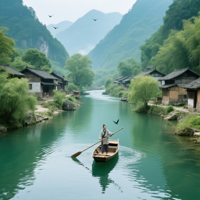 全景视角下的武陵郡山水风光，一条清澈的溪流蜿蜒流淌，溪边分布着古朴的房舍，镜头逐渐拉近聚焦在一艘小渔船上，一位武陵人站在船头手持船桨划船，整体画面清新自然，以青绿色为主色调，突出山水的秀丽，营造出宁静预览效果