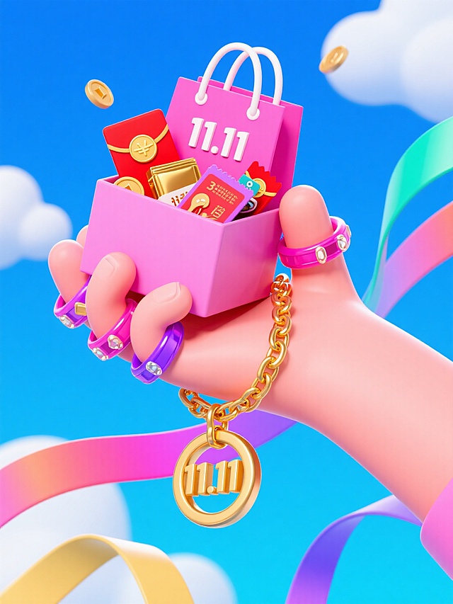 梦幻感与甜美感交织的3D卡通风格，软3D质感搭配重拟物设计，手戴金链吊坠“11.11”，捧着满载红包与优惠券的粉色购物袋，背景云朵与彩带飘动，传递双十一节日狂欢氛围。