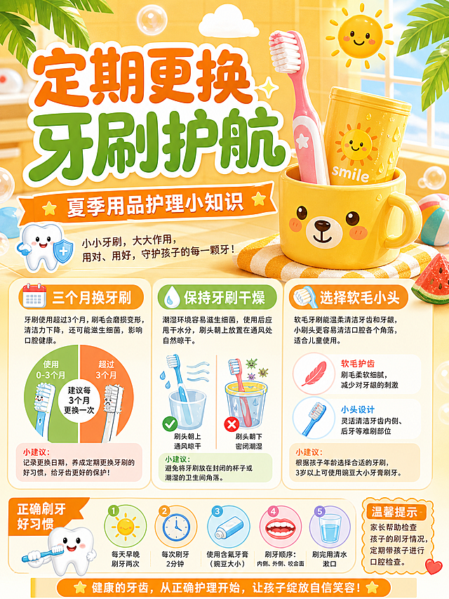 儿童口腔护理科普海报，阳光明亮黄橙色调，主体是儿童牙刷和水杯的创意插画，主标题文字"定期更换 牙刷护航"，副标题"夏季用品护理小知识"，三个卖点标签："三个月换牙刷"、"保持牙刷干燥"、"选择软毛小头"。版式精美，信息分区清晰，文字大而醒目，童趣满满，不需要放置二维码。画面中所有信息区域必须填充完整合理的内容，不得出现空白框和占位。所有数字必须精确渲染，不得错位、遗漏或编造。尺寸比例3:4
