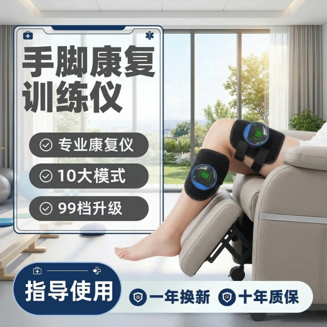 原图片内容保持：手脚康复训练仪产品外观完全不变，文字卖点内容完全不变（文字内容：手脚康复训练仪，专业康复仪，10大模式，99档升级，指导使用，一年换新，十年质保）。修改内容：更换肢体动作为腿部侧放静态预览效果