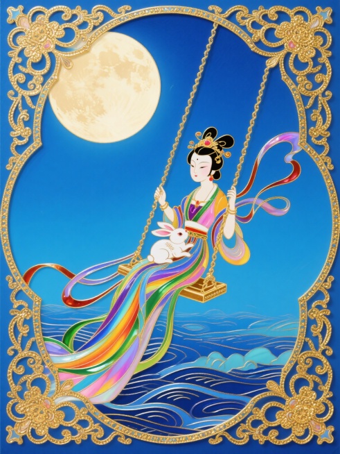 蓝色梦幻背景，掐丝珐琅工艺表现手法，金线和色彩的碰撞，背景有象征中秋的圆月，嫦娥在月亮下面荡秋千，色彩斑斓的嫦娥抱着玉兔，周边是江海，全都是掐丝金线的中式古典花纹萦绕，整体风格简约而繁华预览效果