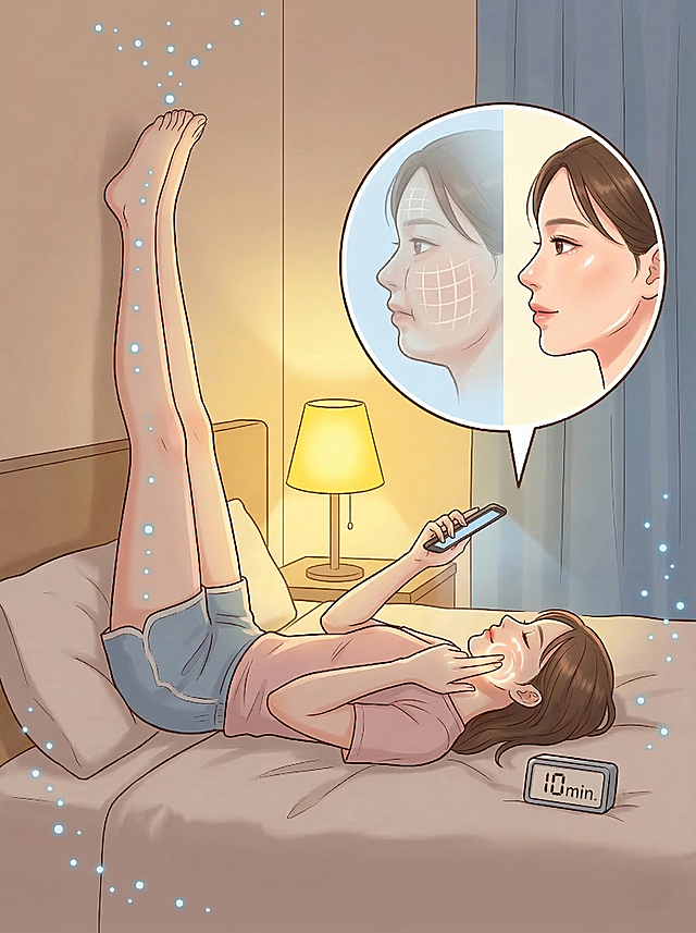 删除图片底部的文字，保持其他所有内容不变，温暖治愈系插画风格，温馨卧室氛围，柔和的暖黄色床头灯光。前景（主体）： 一位年轻女性舒适地平躺在柔软床上，双腿笔直抬起，贴合墙面呈90度，腰部紧贴床垫（强调正确姿势）。她一手拿着手机悠闲地刷剧，另一只手轻轻在脸颊上向上打圈按摩，指尖带有柔和的光晕，表示正在进行的轻柔动作。背景/分镜（右侧或上方）： 一个圆形的“放大镜”效果或气泡框，框内展示对比画面。左边是一个半透明、带有浮肿网格线（像水肿）的模糊侧脸，下颌线模糊；右边是同一个人，侧脸轮廓紧致清晰，下颌线如刀锋般利落，皮肤透出健康光泽。辅助元素： 画面角落散落着一些代表“水”的蓝色小光点，正沿着腿部向上流动（淋巴回流方向），最终汇聚到画面顶部消失，象征水分被排走。床上有一个倒计时的小时钟，显示“10min”。光影与色彩： 整体色调温暖治愈，以米色、淡粉色和柔和的蓝色为主。人物皮肤质感通透，高光部分细腻，体现“紧致透亮”的效果。