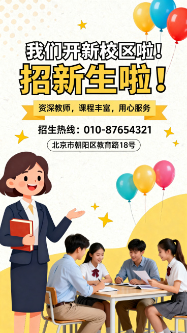 教育培训机构新校区开业招新生宣传海报，主标题醒目文字“我们开新校区啦！招新生啦！”，副标题标注“资深教师，课程丰富，用心服务”，整体风格活泼明亮，适合教育招生宣传，设计简洁大气，重点突出，分辨率清晰预览效果