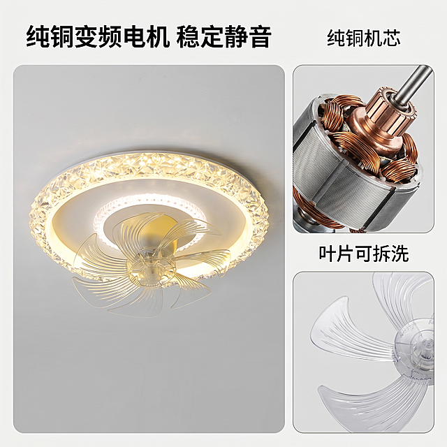 [主图 3] 水晶吸顶风扇灯核心结构功能展示拼图。[氛围风格]现代简约家居治愈风，专业品质感。[画质]商业摄影质感，光线柔和通透，产品清晰真实，画面干净高级。[元素]采用左大右双小的版式结构，左侧大图完整展示吸顶风扇灯整体开灯效果，保持产品外观、结构、材质颜色与原图一致，占画面60%；右上角小图特写纯铜变频电机部位，右下角小图特写可拆洗风扇叶片细节。三个模块都用浅圆角边框，不抢产品风头。保持整体光影和风格统一，商品整体占比合适，画面干净。[光影]主图光影柔和，特写模块光线重点突出结构细节，明暗清晰。[配色]整体浅灰基底，突出产品暖金水晶质感。[视角构图]左侧大图俯视视角，小图为细节特写视角，整体布局均衡。[文字版式]每个模块上方配短促标题，左侧主模块标题“纯铜变频电机 稳定静音”，右上“纯铜机芯”右下“叶片可拆洗”，标题清晰，文字不遮挡产品细节。[比例分辨率]1:1比例，2k分辨率，文字清晰可辨，超高清。[负向提示词]变形，水印，文字错乱，产品图模糊，背景杂乱，布局失衡