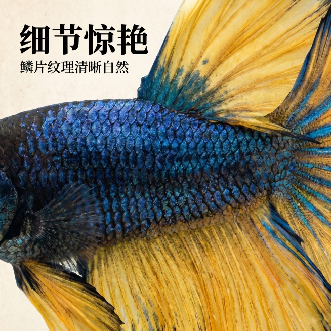 [主图 3] 泰国斗鱼半月芥子细节特写展示
[氛围风格] 真实中国风，微距质感，细腻高级
[画面元素] 商业摄影质感，光线柔和通透，产品清晰真实，画面干净高级。高清放大展示斗鱼鳞片和鱼鳍纹理细节，保留预览效果