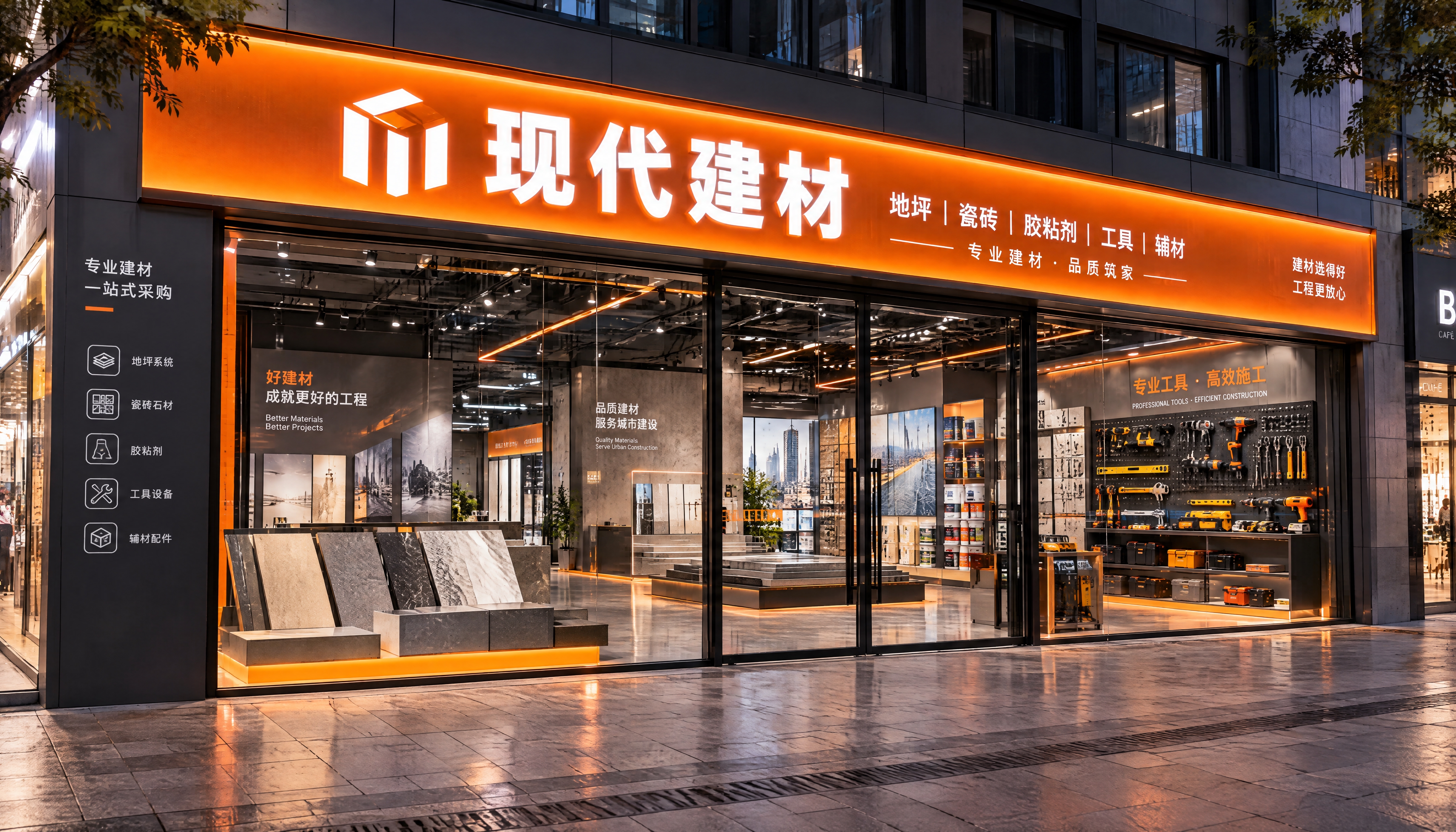 现代建材门店外立面效果图，橙色发光灯箱门头大字招牌，大面积玻璃… - 图片创意预览