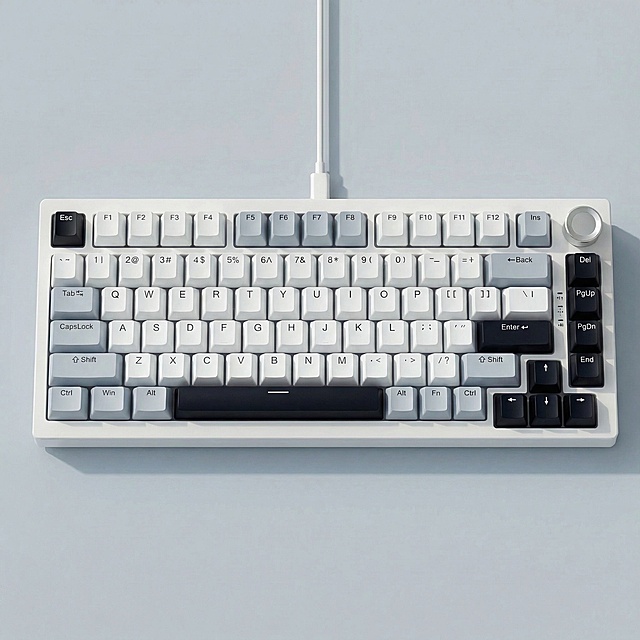 严格保持图1的正视角、白色数据线、浅灰蓝色背景、所有键帽字符和键盘布局完全不变，仅将键帽色彩精准替换为图2的配色：字母和数字区域键帽为纯白色，左侧功能区浅色键帽为浅灰色，深色功能键帽为纯黑色，色彩完全匹配图2，无任何其他改动，尺寸保持1600*1600像素