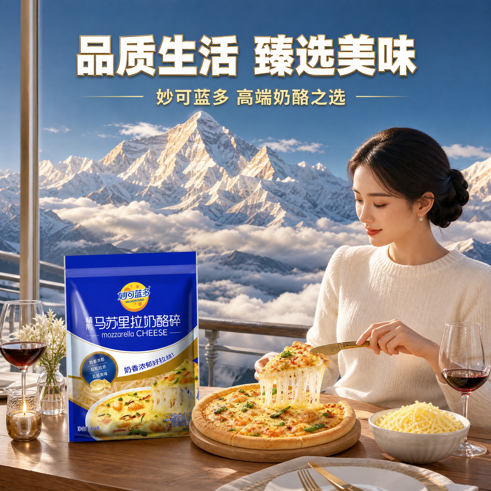 [主图-7] 高端品质场景图，主题为高端雪山观景台烘焙场景，珠… - 图片创意预览
