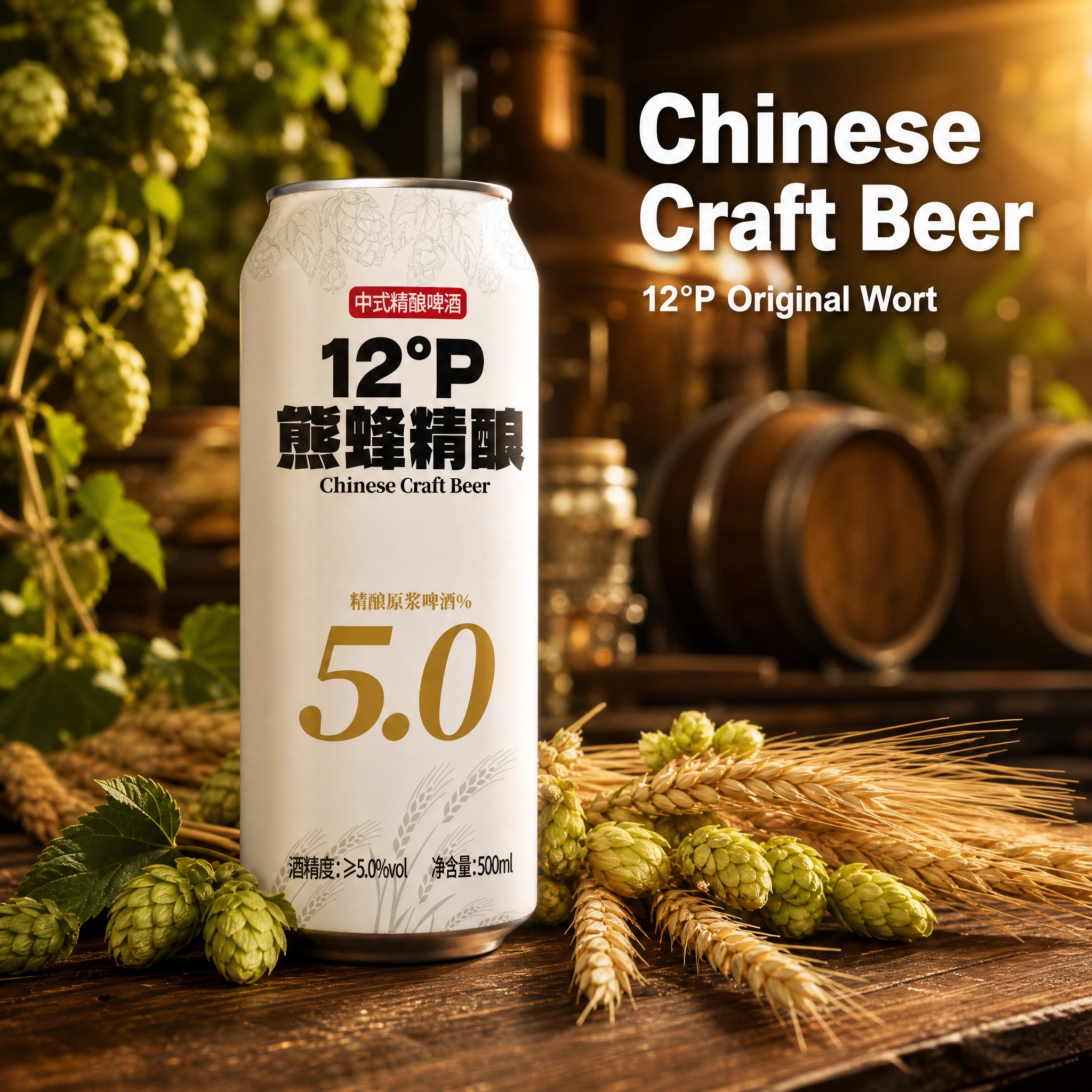 主图2：精酿工艺与原料溯源主题。画面主体为熊蜂精酿啤酒罐，放置… - 图片创意预览