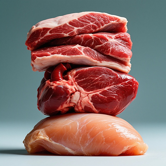 一张叠放规整排布的生鲜肉类产品摄影图片集合，均采用高清晰度、超写实主义风格，光线明亮柔和，展现食材的新鲜质感与细节纹理。第一层为鲜红色生牛肉片，肉质鲜嫩，纹理清晰；第二层为鲜红色色生牛心脏，脂肪分布均匀，色泽鲜亮；第三层为橙红色生鸡胸肉，肉质紧实，表面光滑，富有弹性。所有肉类均放置于纯色背景上，整体构图简洁，突出食材主体，色彩变换丰富且符合各类肉品的自然色泽，形成系列化视觉效果。