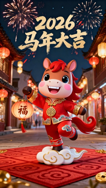 一只卡通版马设计的IP形象，采用国风传统风格。奔跑的骏马，营造出活泼可爱且充满喜庆的氛围，契合马年新年主题。马越起来站立，耳朵小巧圆润竖直向上，眼睛又大又圆，呈明亮黑色。它嘴巴咧开露出洁白整齐牙齿，嘴预览效果