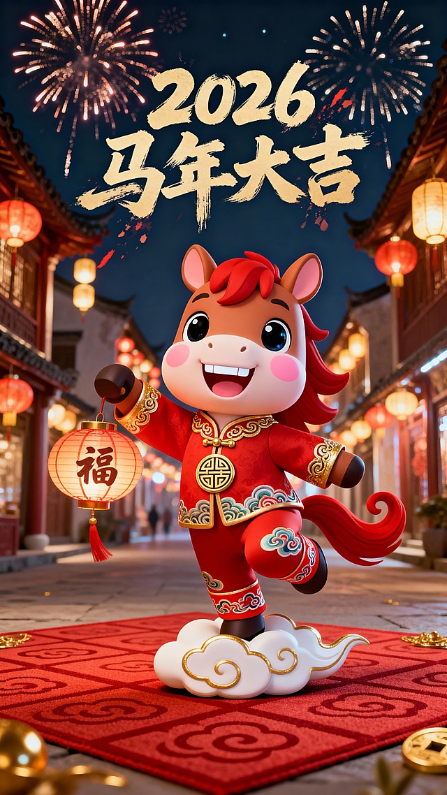 软3D风卡通马身穿国潮唐装，手持灯笼立于祥云之上，夜景古街烟花绽放，喜庆可爱，尽显2026马年大吉氛围。