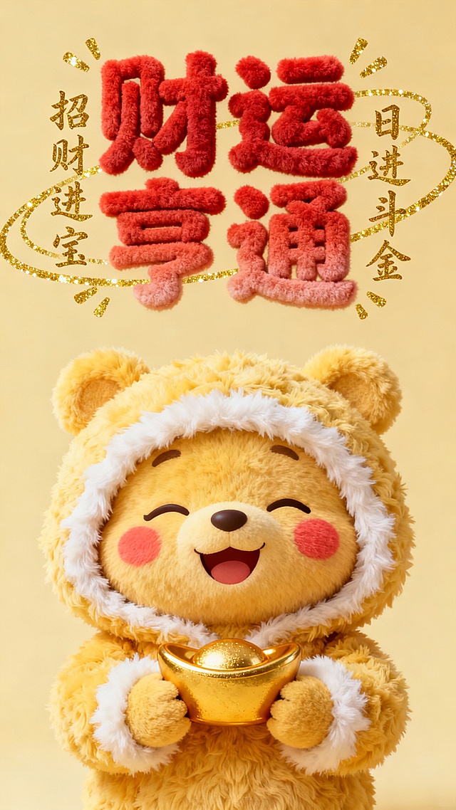 以发财为主题的毛绒风格海报，画面中央是穿着蓬松黄色毛绒连帽服、双手捧着金元宝的卡通小熊，闭着眼睛嘴角上扬露出开心笑容，脸颊有红晕，服饰边缘有白色毛绒滚边。上方为立体毛绒质感的“财运亨通”四个大字，采用红色渐变毛绒材质，周围环绕金色闪光线条和“招财进宝”“日进斗金”等手写风格的金色小字祝福语，背景为米黄色，整体保持柔软温暖的毛绒质感和欢快喜庆的氛围，视觉层次分明，信息传达清晰。
