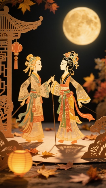 在温暖的月光下，一场传统的中国皮影戏，精美的剪影人物描绘着古老的传说，柔和的金色灯光投射出长长的影子，周围是秋天的落叶和中秋节的装饰，民间艺术风格，温暖的橙色和黄色为主色调，充满怀旧和浪漫的氛围，高度预览效果