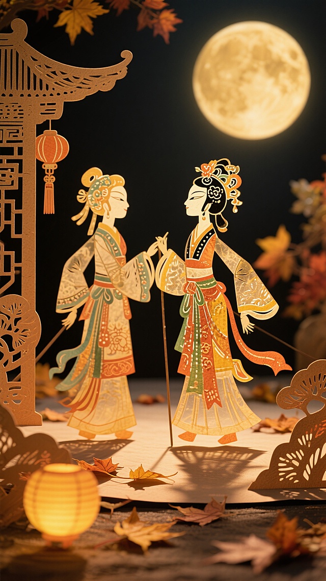 温暖的月光下，精美的剪影人物，柔和的金色灯光，周围是落叶和装饰，色调以橙色和黄色为主，充满怀旧和浪漫的氛围