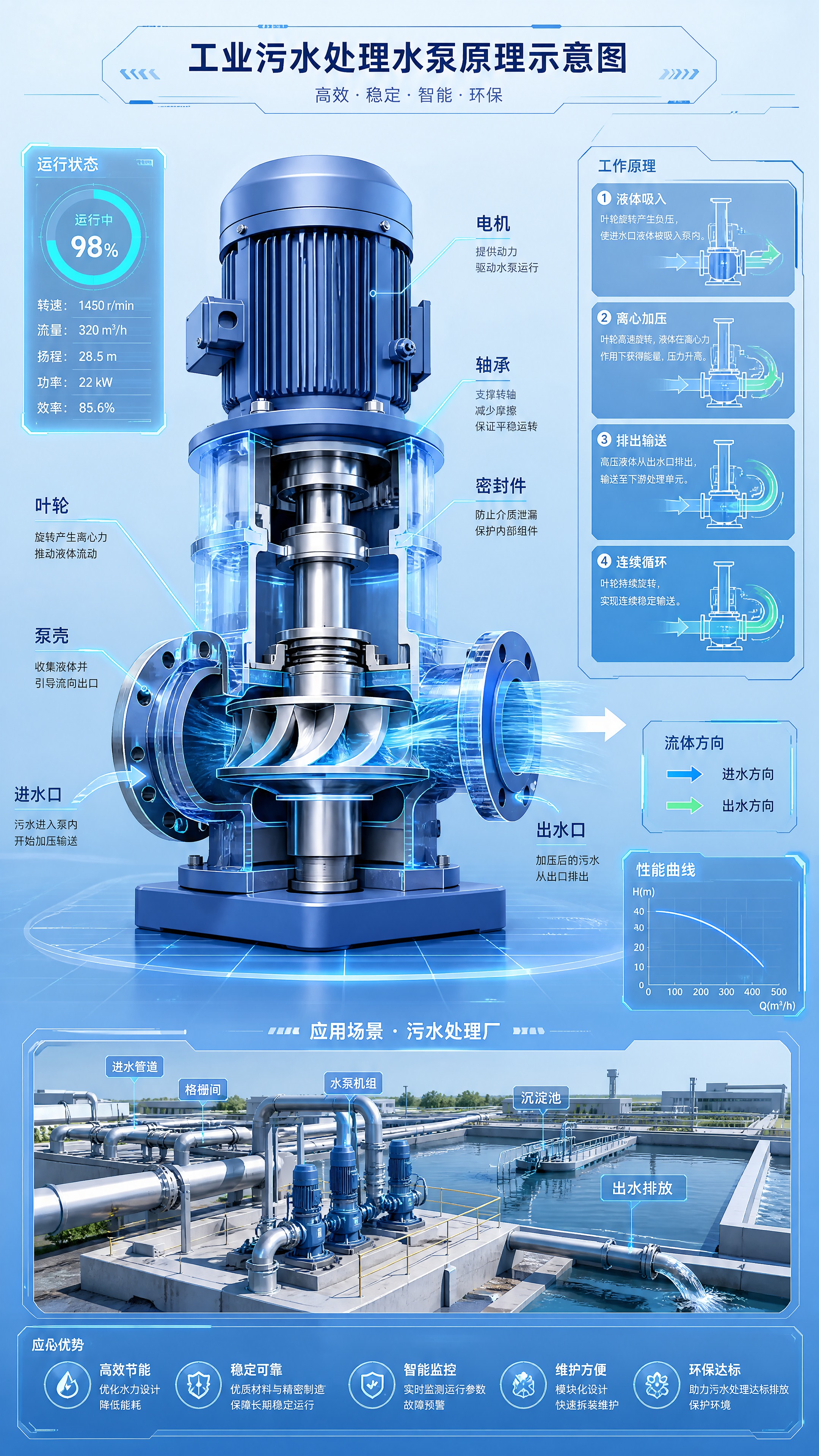 3D剖面科普插画，工业污水处理水泵原理示意图概念图，明亮浅蓝色… - 图片创意预览