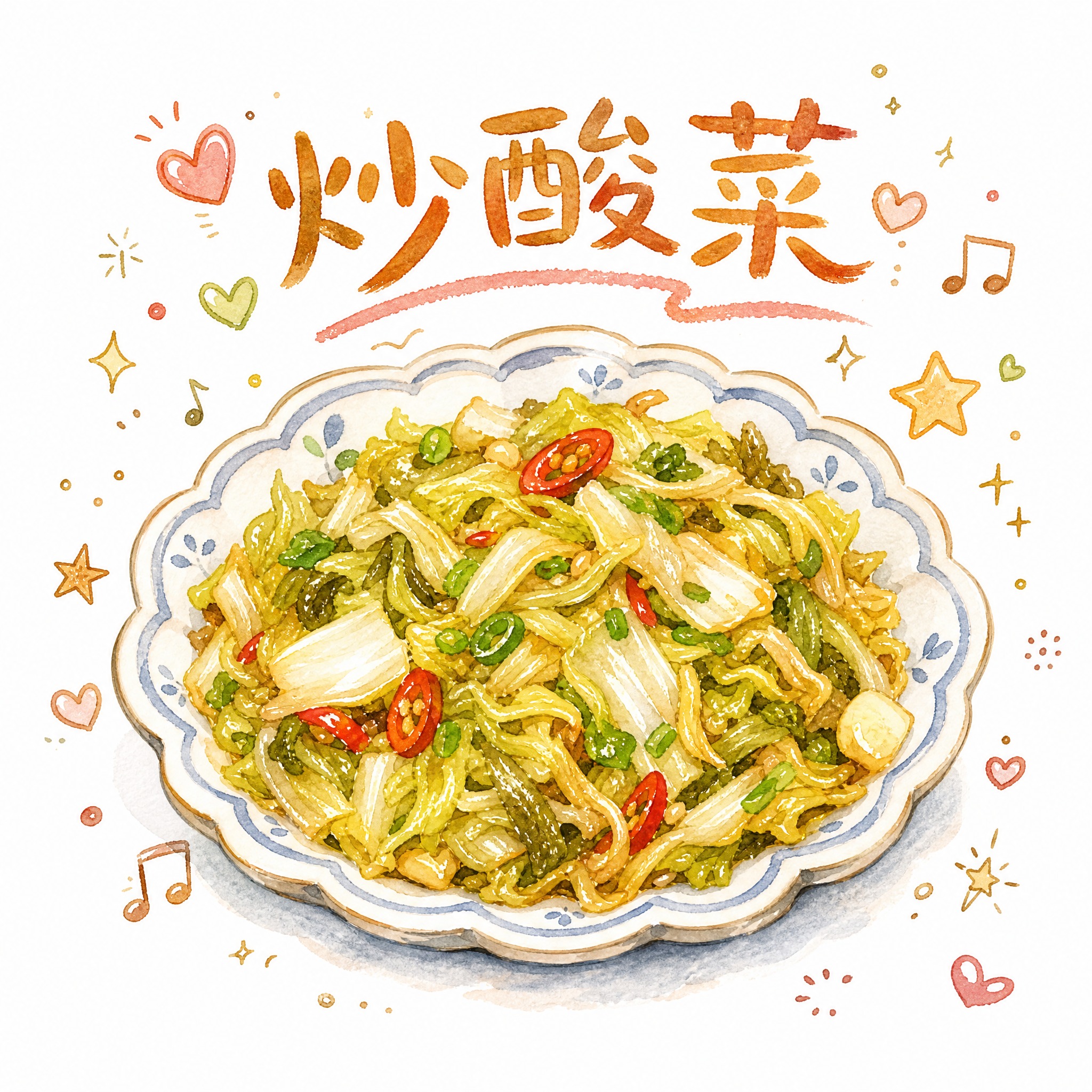 手绘水彩风格的炒酸菜菜品插画，参考图中的手绘水彩质感和可爱装饰… - 图片创意预览